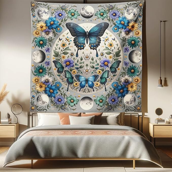 Ambesonne Boho Tapestry Queen Size, Wreath of Colorful Flowers with Moon and Butterfly Pattern Witchy Scenery, Wall Hanging Bedspread Bed Cover Wall Decor, 88" X 88", Sea Blue Pale Grey Teal