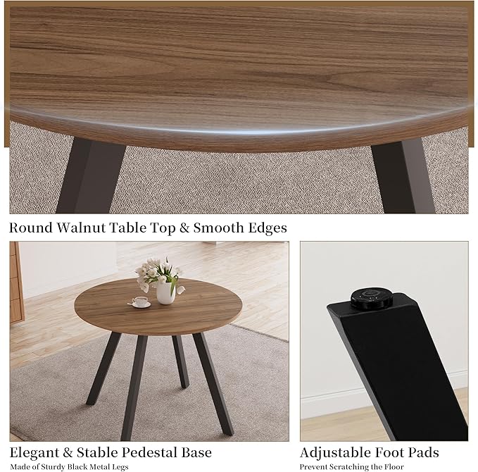 34.6'' Round Dining Table and Chairs for 4 Space Saving for Apartment Kitchen Dining Room (Walnut Table+4 U-Shaped White Chairs)