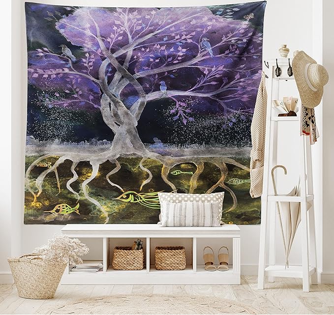 Ambesonne Tree of Life Tapestry King Size, Psychedelic Mysterious Nature at Night Birds and Fishes Home Art, Wall Hanging Bedspread Bed Cover Wall Decor, 104" X 88", Purple Black