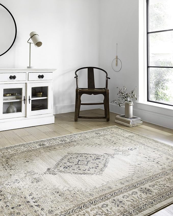 Loloi Teagan Collection TEA-02 Oatmeal/Ivory 6'-7" x 9'-2" Area Rug, Large, Soft Neutral Rug, High-Traffic for Living Room, Bedroom, Home Office, Dining Area