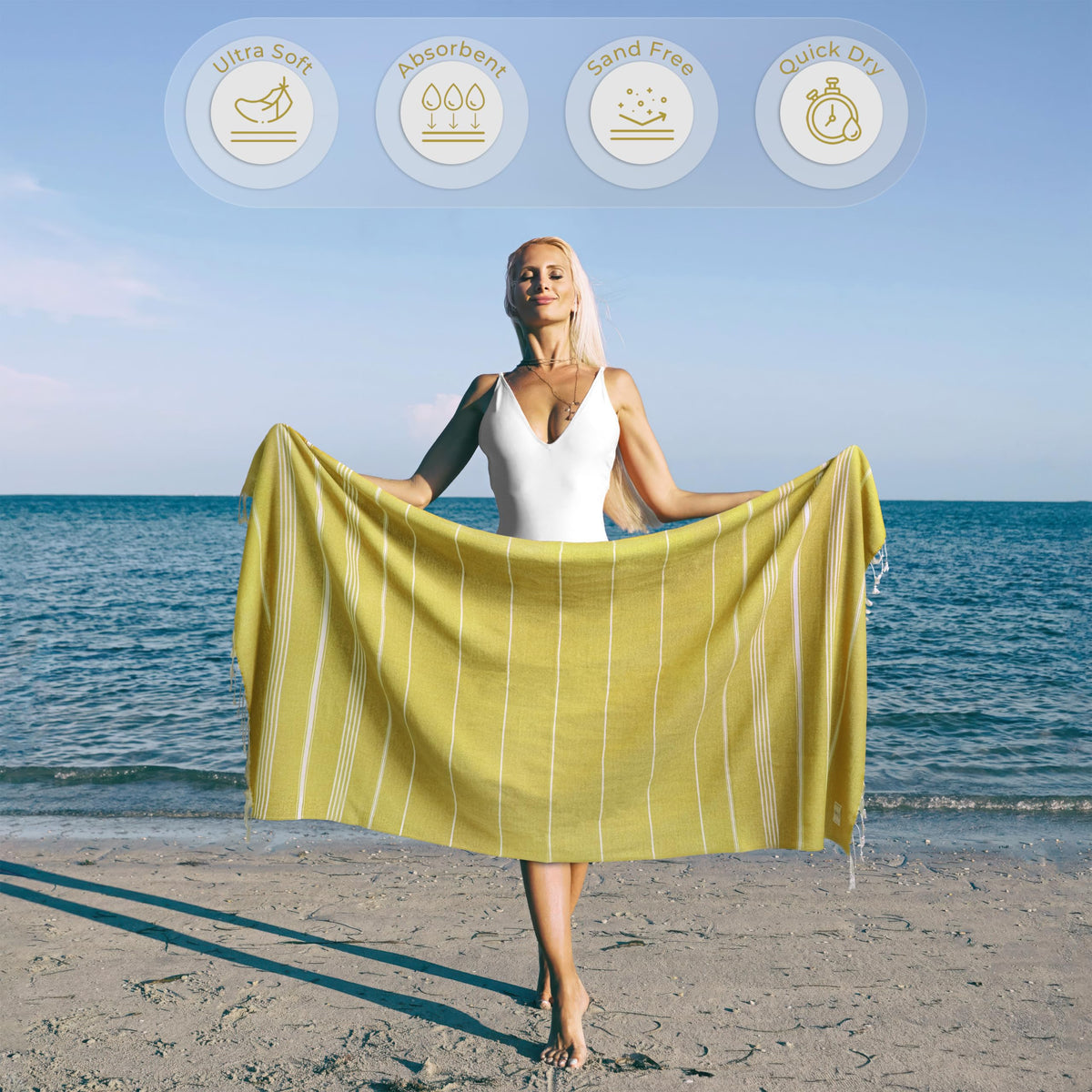 Ossano Turkish Beach Towel Quick Dry & Absorbent Oversized (39" x 71") - Compact, Versatile and Functional as Yoga Mat, Picnic Blanket, Travel Blanket, Bath, Camp and Shower Towel - Yellow