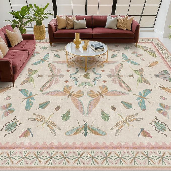 7x9 Cute Insect Rugs for Girls Bedroom - Pink and Blue Washable Floral Living Room Rugs, Dining Room Under Table, Insect Print Whimsical Indoor Décor, Low Pile & Soft