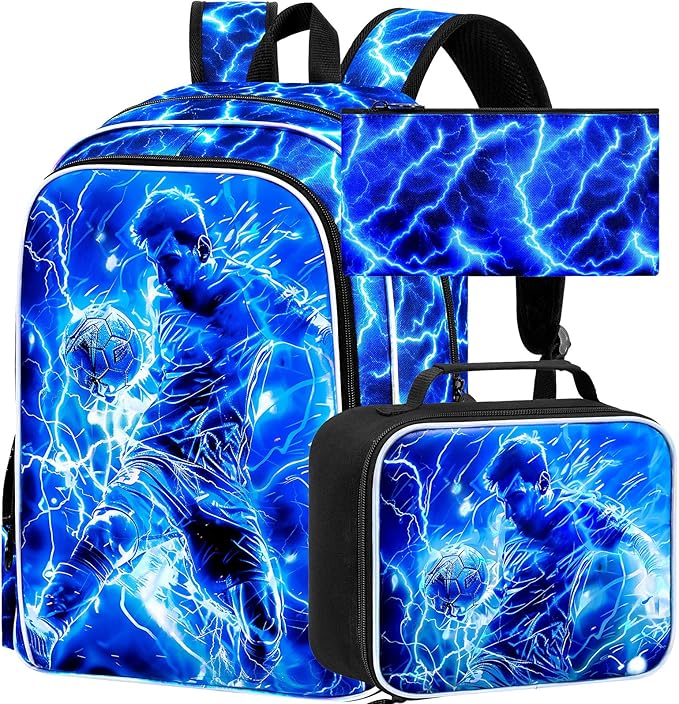 KLFVB 3PCS Backpack for Boys, 17" Football Bookbag and Lunch Box, Water Resistant Teenagers School Backpacks for Middle Elementary - Lightning Soccer