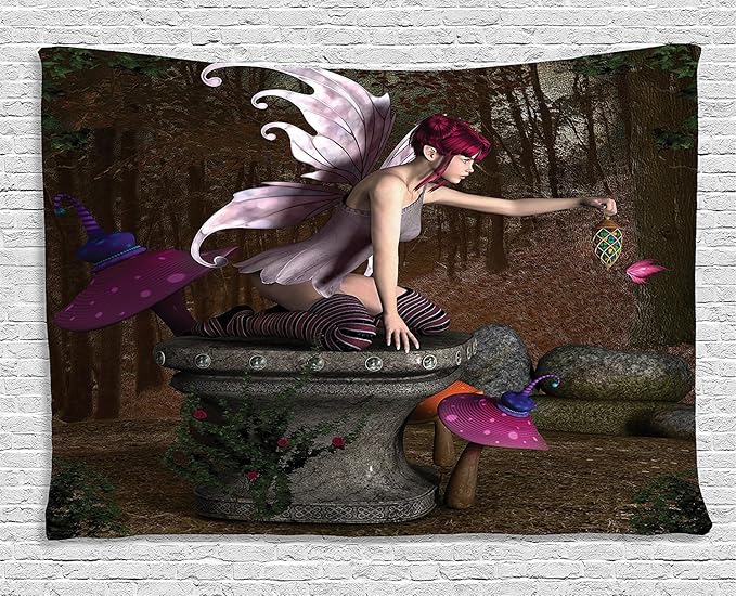 Ambesonne Tale Tapestry, Dimensional Mythical Creature Design Artifact on Pedestal Forest Print, Wide Wall Hanging for Bedroom Living Room Dorm, 80" X 60", Red Purple Grey