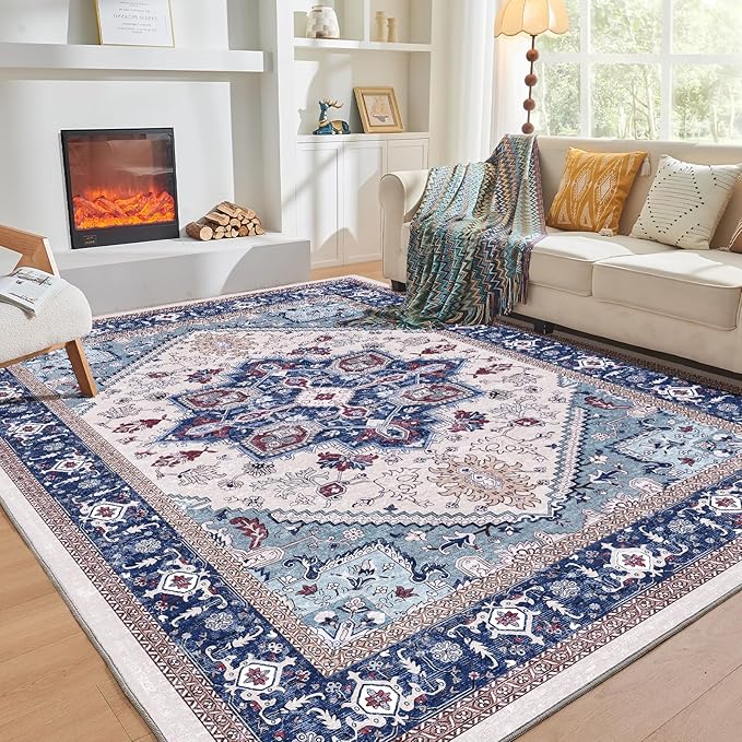 OPPODREAM Thin 10x14 Area Rugs, Washable Rugs 10x14 with Non Slip Backing, Low-Pile Faux Cashmere 10 x 14 Carpet, Navy Blue & Red & Cream