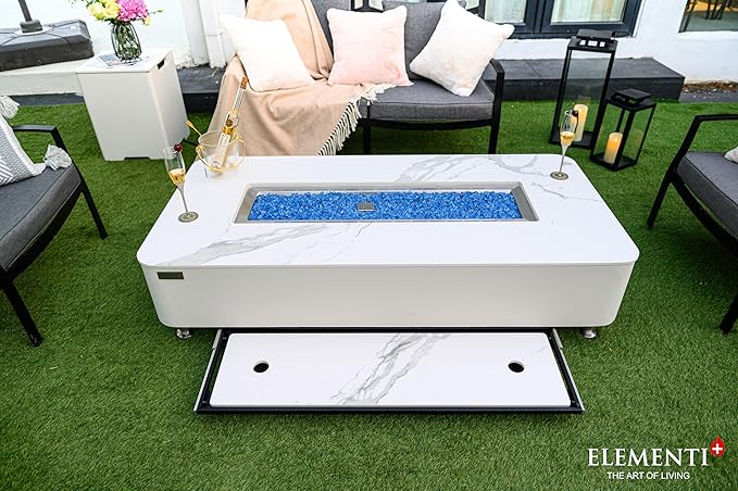Elementi+ | Bundle Athens Gas Fire Pit | Concrete Body & Marble Porcelain Top | 62" Rectangular Fire Table | Electronic Ignition | Canvas Cover, Fire Glass, Burner Lid & More | White | Natural Gas