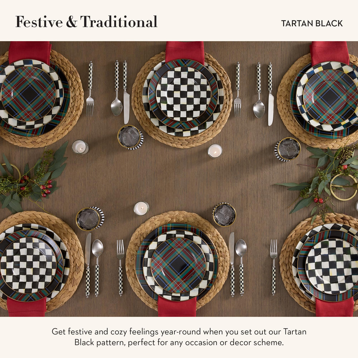 MACKENZIE-CHILDS Enamel Dinner Plate, Decorative Dinnerware Plate, 10 Inches, Set of 1, Black Tartan