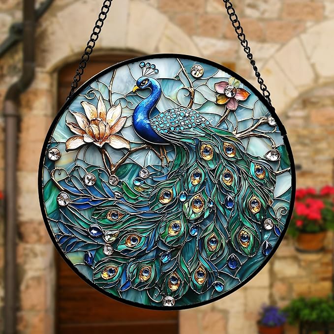 Stained Glass Window Hanging, Blue Peacock Decoration Suncatcher for Door Garden Home Flower Bird Sun Catchers Christmas Mother's Day Birthday Gifts for Women Men Mom Nana Friend 11.8 in