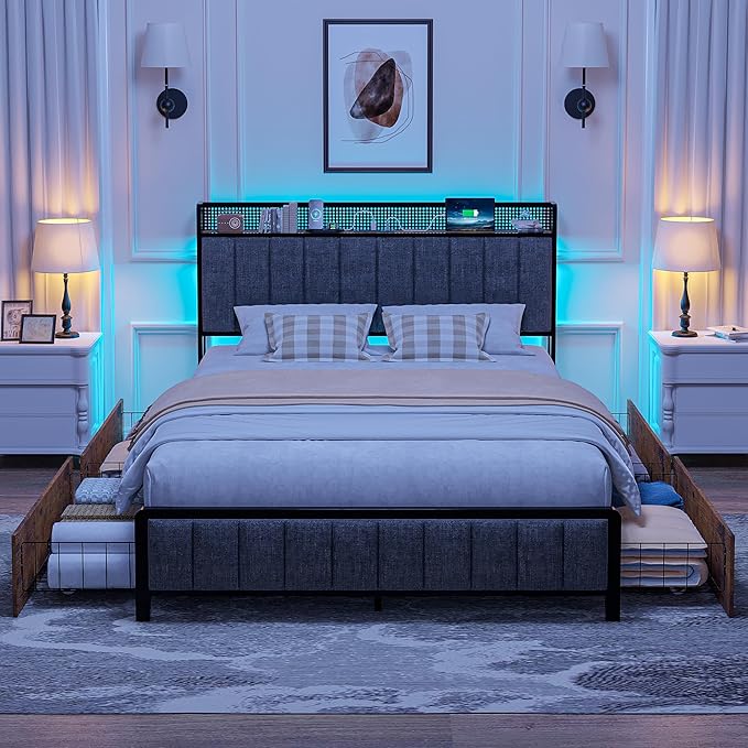 VECELO Full Size Upholstered Metal Bed Frame with Storage Drawers, LED Headboard, USB & Type-C Ports, Linen Fabric Platform Bed with 9 Legs Support, Noise-Free Design, No Box Spring Needed, Grey
