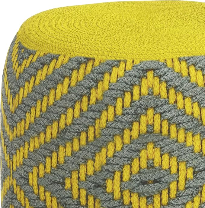 SIMPLIHOME Kent Boho Round Woven Outdoor/ Indoor Pouf in Grey and Yellow Recycled PET Polyester for the Living Room, Bedroom and Kids Room