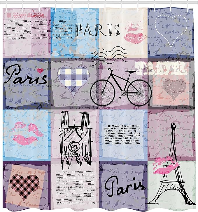 Ambesonne Paris Shower Curtain, Grunge Textured Retro Collage of France Famous Object Eiffel Tower Europe Theme, Cloth Fabric Bathroom Decor Set with Hooks, 69" W x 84" L, Multicolor Lilac