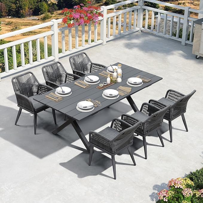 PURPLE LEAF Outdoor Patio Dining Set All-Weather PE Rattan Furniture Set with All Aluminum Frame Rectangular 7 Pieces Table and Chairs Set for 6 People Lawn Garden Backyard Deck, Grey