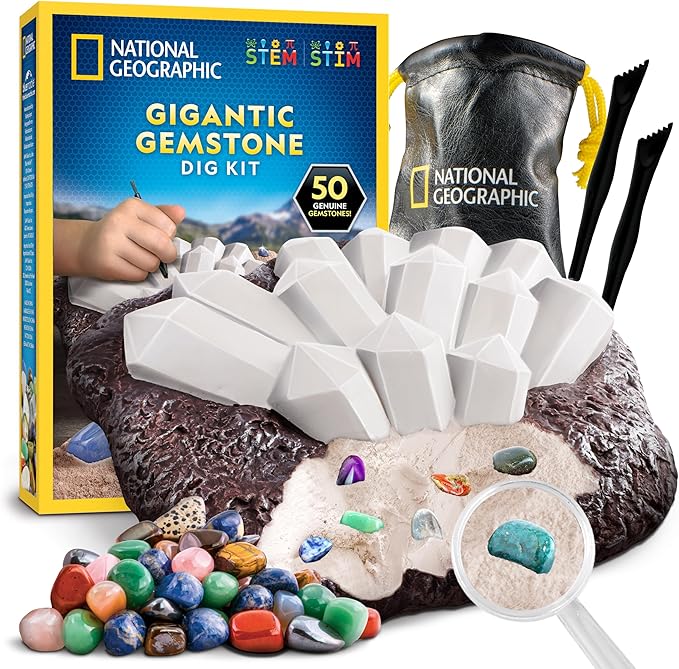 National Geographic Gigantic Gemstone Dig Kit – Excavate 50 Real Gems from a Giant Dig Brick, Gem Mining Kit for Kids, STEM Rock Collection Activity, Includes Tools & Learning Guide