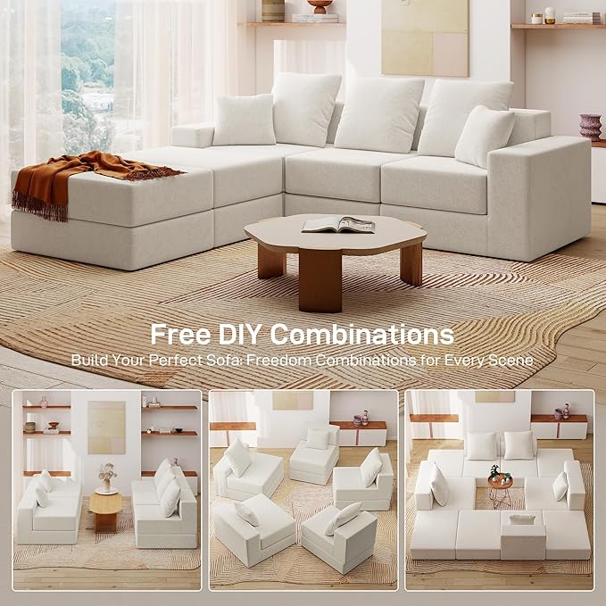 Living&Giving 101" U-Shaped Cloud Sectional Couch for Living Room, Cloud Boneless Couch-No Assembly with Reversible Chaise, Customizable 3-Seat Modular Sectional Sofa with 2 Ottoman, Beige
