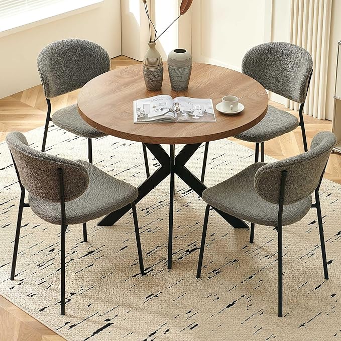 Round Dining Table Set for 4, Modern 5-Piece Kitchen Table Set, 37" Round MDF Living Coffee Table with 4 Seated Grey Boucle Dining Chairs Upholstered, Metal Legs for Dining Hall, Living Room