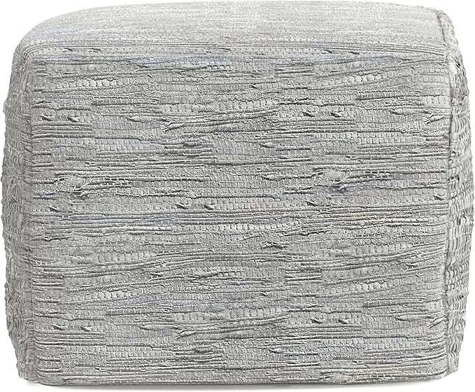SIMPLIHOME Fredrik Boho Square Pouf in Cream Woven Genuine Leather for the Living Room, Bedroom and Kids Room