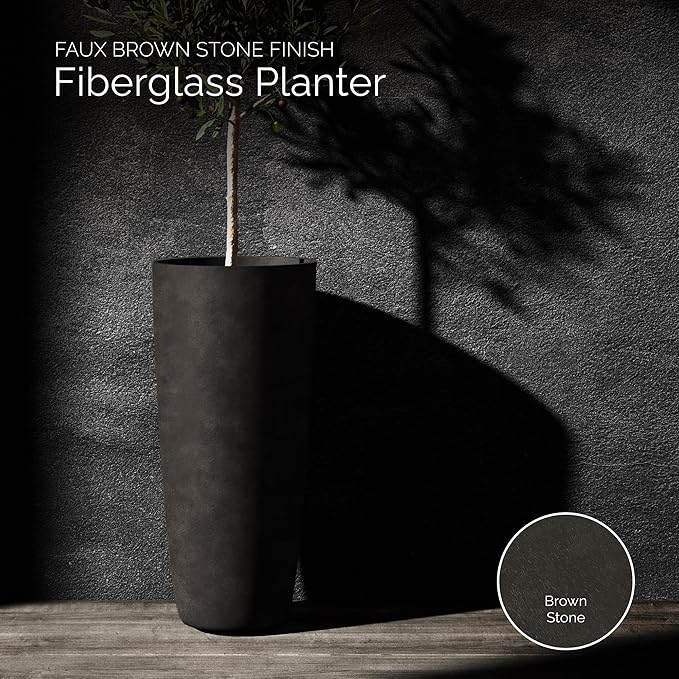 Lofto Tall Planter – Brown Stone Finish – Fiberglass Indoor/Outdoor and Weather-Resistant Large Planter (16.5" D x 36.4" H Exterior, 15.3" D x 36.2" H Interior)