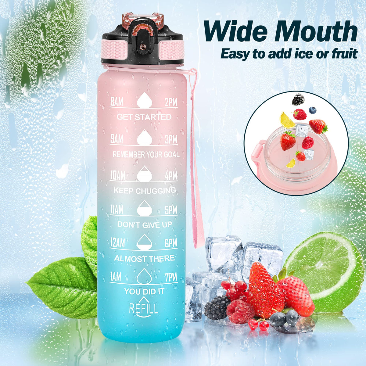YC Kitchen Motivational Water Bottle with Time Marker - 32oz, Leak-proof BPA Free Sports Water Bottles with Straw & Carrying Strap