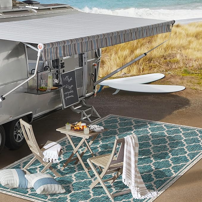 Eyely BMS109E-4 Santa Monica Trebol Moroccan Trellis Textured Weave Indoor/Outdoor Area Rug Coastal;Bohemian, Bedroom, Backyard, Patio, Easy-Cleaning, Non-Shedding, 4 X 6, Teal/Gray