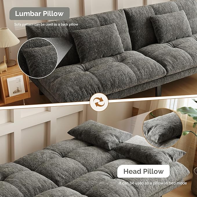 Futon Sofa Bed Convertible 70 inch Solid Wood Couch for Living Room, Chenille Fabric, 2 Cushions (Dark Gray)