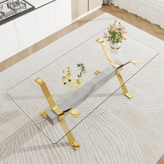 79" Glass Dining Table, Modern Kitchen Table, Modern Dining Table for 8, 0.5" Thick Tempered Glass Tabletop with Gold Chrome Metal Legs and Grey Crossbar, Ideal for Dining Room, Kitchen