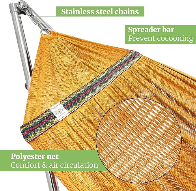 Tranquillo Double Hammock with Stand 650lb Capacity Double Hammock with Spreader Bar, Solid Grade 201 Stainless Steel 30s Set Up, Sturdy Flexible Hammock Stand Portable, Outdoor Indoor, Yellow