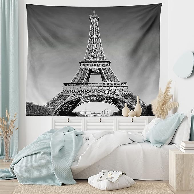 Ambesonne Eiffel Tower Tapestry King Size, Paris Landmark Monochrome Picture of Cityscape European Urban Famous Place Image, Wall Hanging Bedspread Bed Cover Wall Decor, 104" X 88", Grey