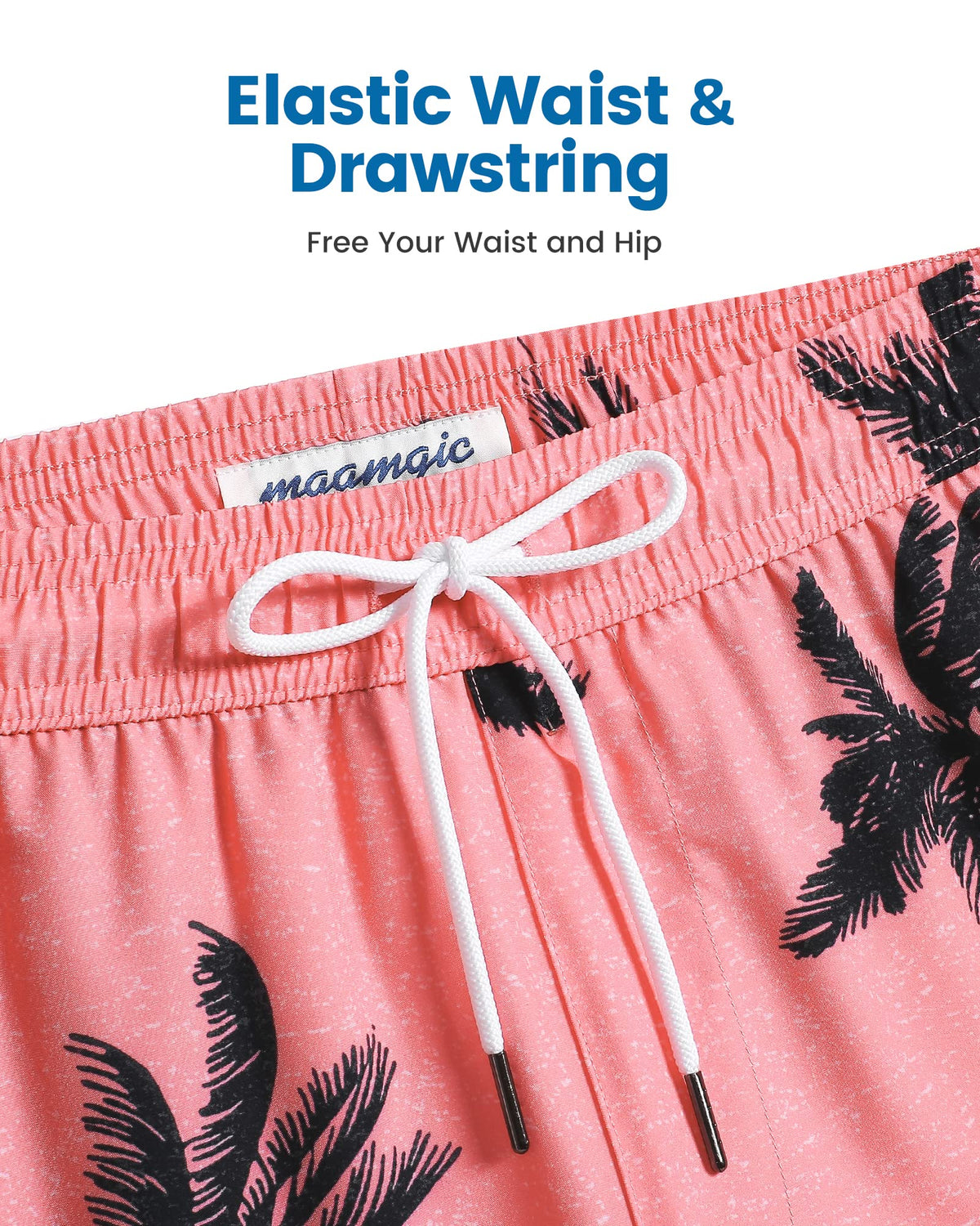 maamgic Mens Swim Trunks with Compression Liner 5 Inch, Quick Dry Bathing Suit with Zipper Pockets, Stretch No-Chafing Swim Shorts, Pink-Palm Tree X-Small