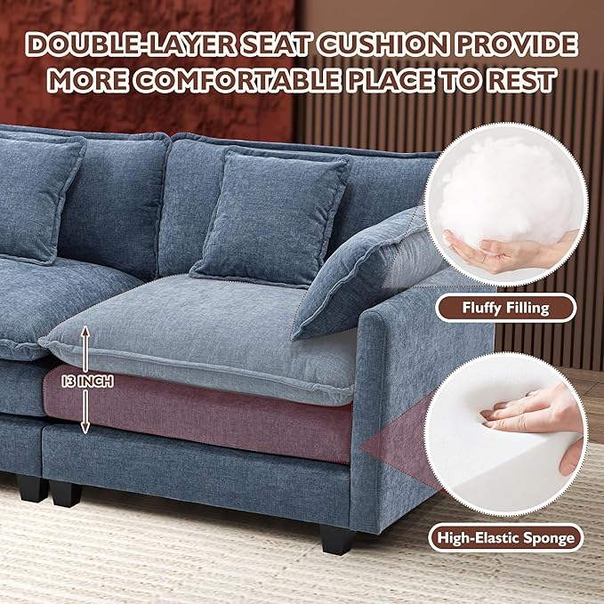 Ihanherry 111.4 Inch 3-Seater Cloud Sofa, Modular Sectional Couch, Modern Deep Seat Sofa for Living Room, Comfy Double Layer Upholstered Seat Cushion, Breathable Chenille Fabric, Blue