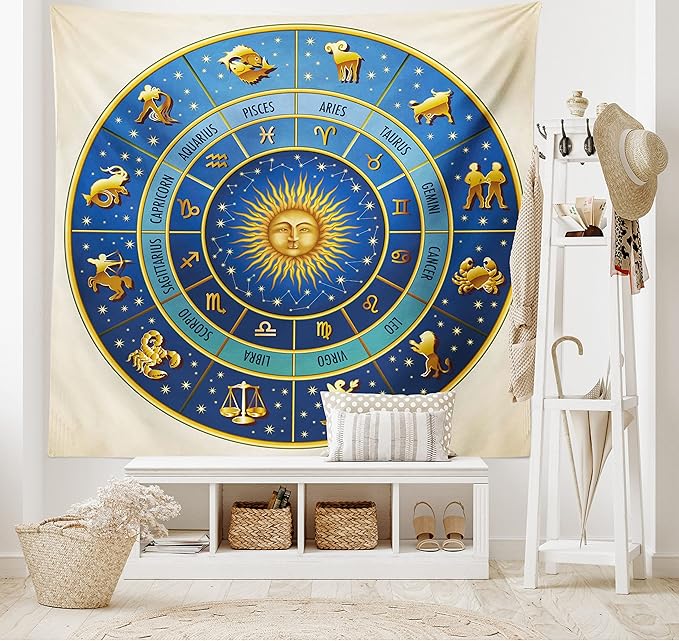 Ambesonne Astrology Tapestry Twin Size, Wheel of Astrological Signs Names Dates Moon Sun in Middle, Wall Hanging Bedspread Bed Cover Wall Decor, Twin Size, Blue Yellow and Cream