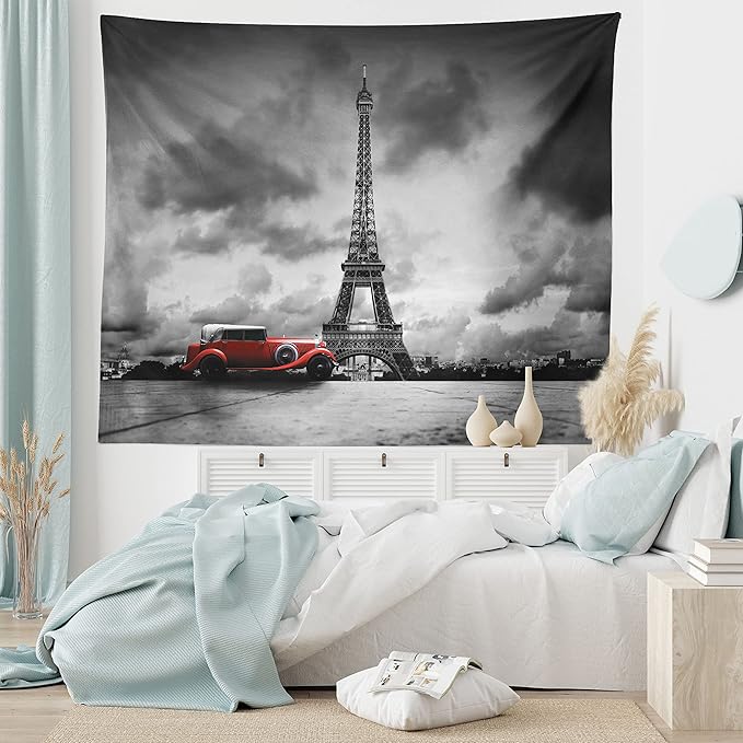 Ambesonne Eiffel Tower Tapestry, Image of Eiffel Tower Paris France Vintage Car Street Dark Clouds, Fabric Wall Hanging Decor for Bedroom Living Room Dorm, 28" X 23", Black Red
