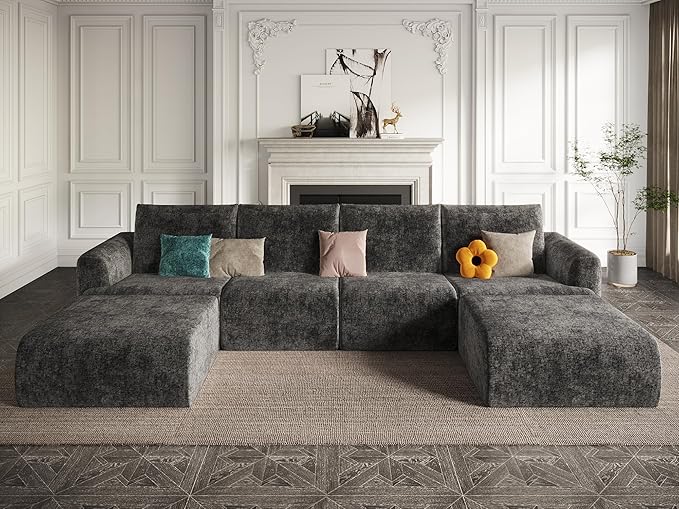 EASE MOOSE Boneless Modular Cloud Couch, Oversized U-Shaped Sectional Sofa for Living Room with Ottoman, Extra Large Movable Couches, 6-Deep-Seat Sofas for Bedroom, Apartment, Chenille (Dark Grey)