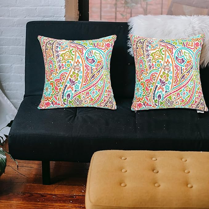 FUNHOME Outdoor Pillow Covers ONLY, No Insert! Pack of 2 Square Throw Pillow Covers, Decorative Water-Repellent Modern Cushion Cases for Sofa Patio Couch Decoration 18 x 18 Inch-Melora Paisley