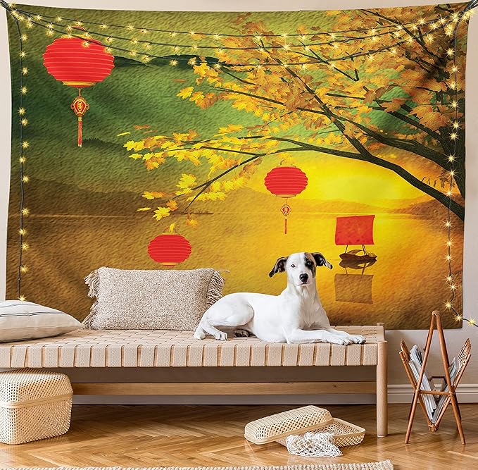 Ambesonne Oriental Tapestry, Traditional Chinese Folk Hanging from Pale Fall Trees Lake Faded Nature Photo, Fabric Wall Hanging Decor for Bedroom Living Room Dorm, 23" X 28", Yellow Green