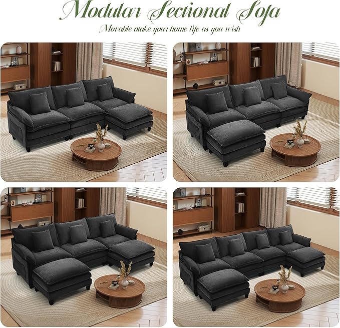 Modular Sectional Sofa, Comfy Cloud Couch with Movable Ottoman, Deep Seat Couches for Living Room, Bedroom and Apartment, 106" L Shaped Modern Sofa with Pillows, Black