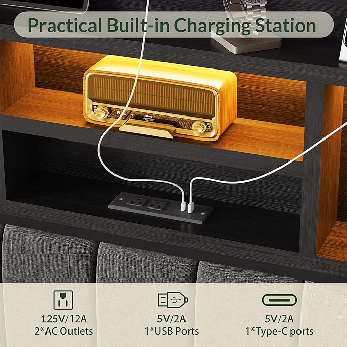LARMACE King Bed Frame with 6 Storage Drawers, Bed Frame King Size with Linen Upholstered Headboard, Built in Charging Station and LED, No Noise, Metal Support, No Box Spring Needed,Vintage Black