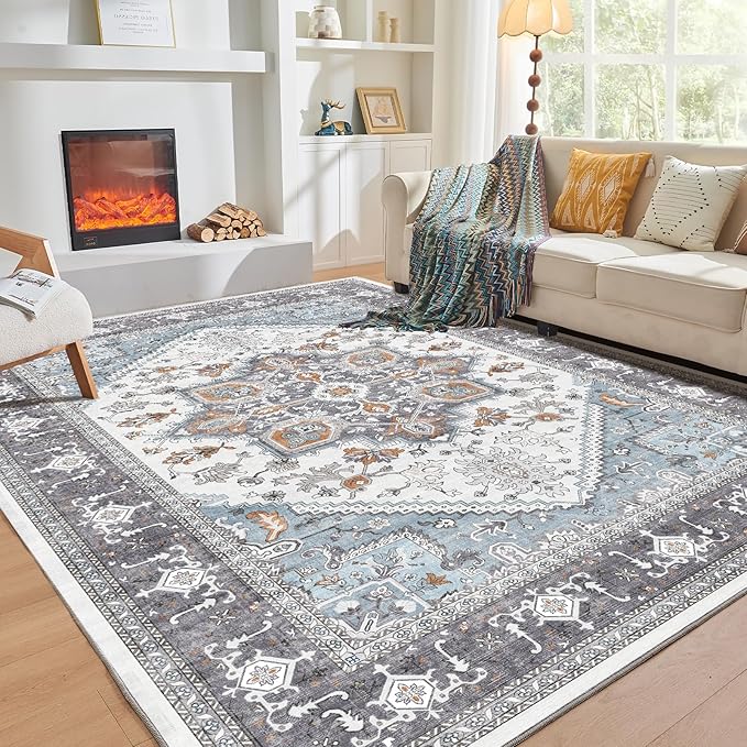 OPPODREAM Thin 6x9 Area Rugs, Washable Rug 6x9 with Non Slip Backing, Faux Cashmere Low-Pile 6 x 9 Carpet, Grey & Teal & Yellow