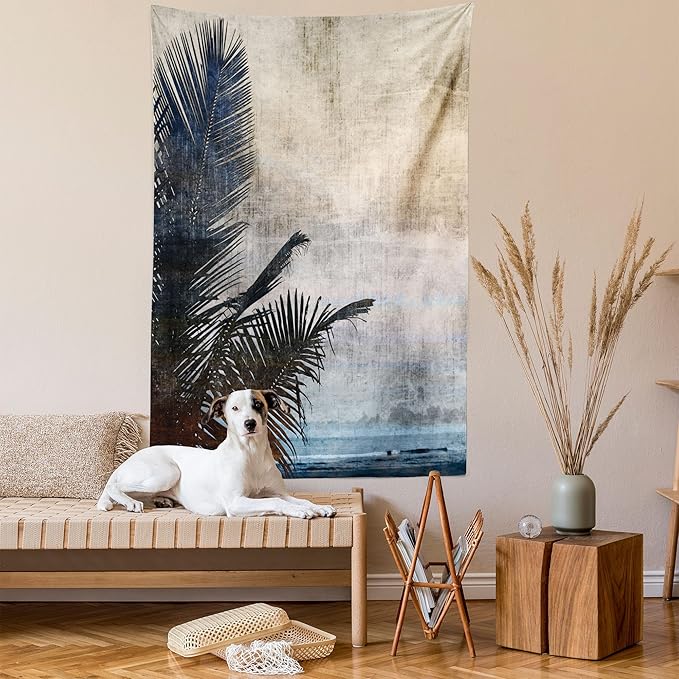 Ambesonne Hawaiian Tapestry Twin Size, Palm Tree Leaves on Grunge Background with Sea Vintage Waterscape Illustration, Wall Hanging Bedspread Bed Cover Wall Decor, 68" X 88", Beige Indigo