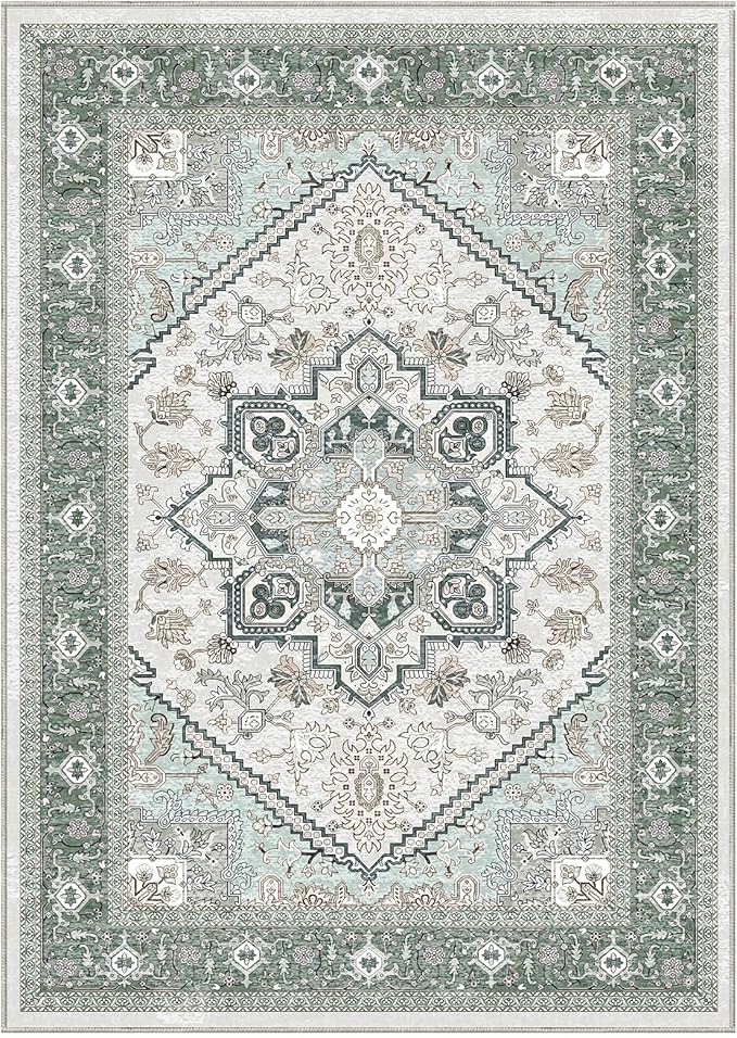 OPPODREAM Thin Area Rugs 9x12 Living Room, Washable Rugs 9x12 with Non Slip Backing, Faux Cashmere Low-Pile 9 x 12 Carpet, Green