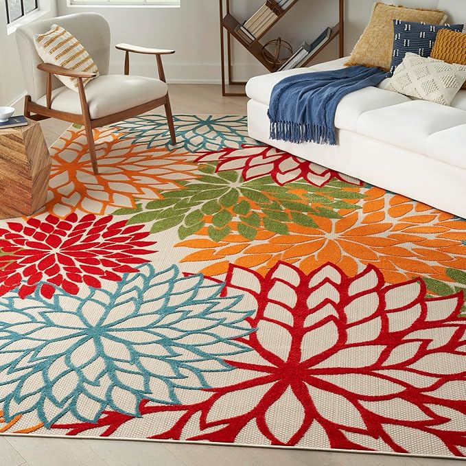 Nourison Aloha Indoor/Outdoor Green 9' x 12' Area Rug, Tropical, Botanical, Easy Cleaning, Non Shedding, Bed Room, Living Room, Dining Room, Deck, Backyard, Patio (9x12)