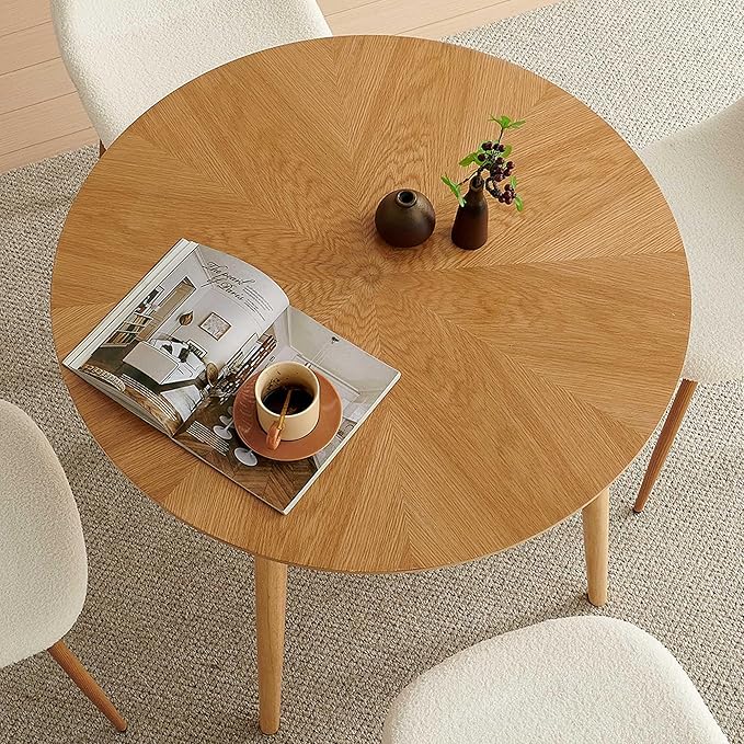 Small Oak Round Dining Table Set for 4, Modern 35'' Kitchen Coffee Table with 4 White Teddy Velvet Dining Chairs for Dining Room Apartment
