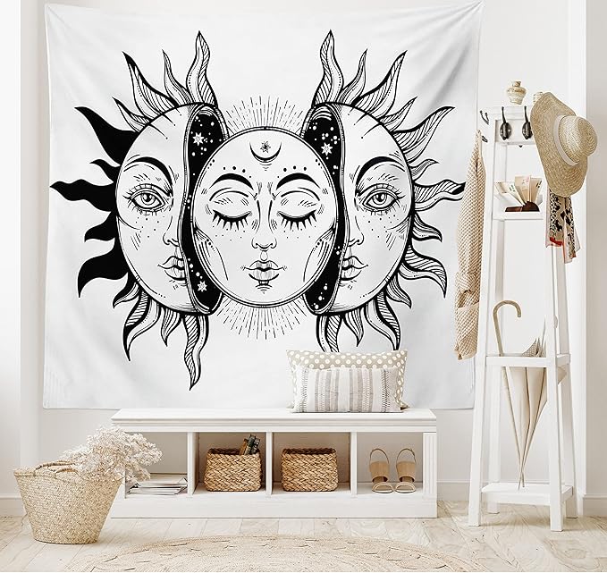 Ambesonne Moon Tapestry Twin Size, Monochrome Sun and Moon Pattern Oriental Image Culture Inspired Design Print, Wall Hanging Bedspread Bed Cover Wall Decor, 68" X 88", White Black