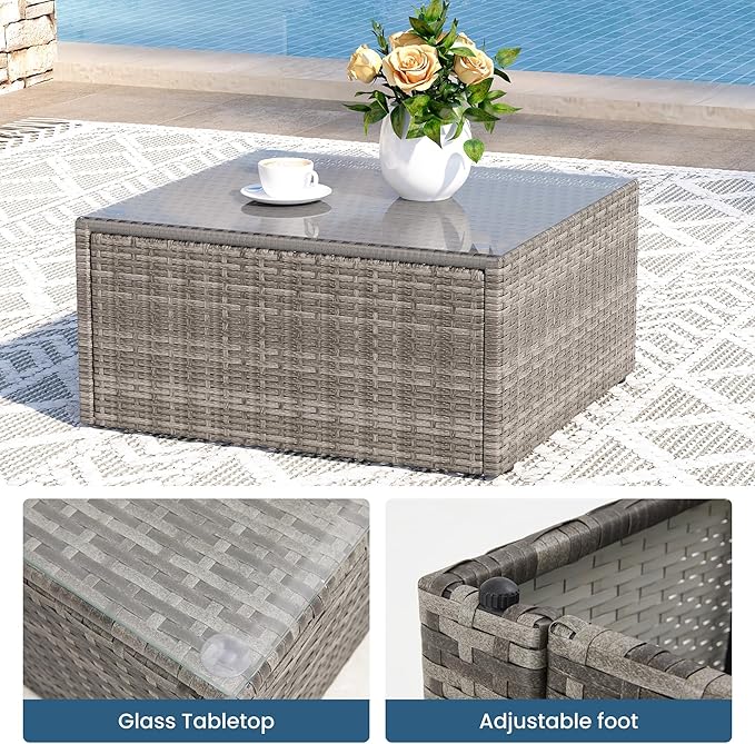 8 Pieces Outdoor Patio Furniture Set with 43" Fire Pit Table, Wicker Outdoor Patio Sectional Sofas with Coffee Table and Cushions, All-Weather Patio Conversation Set for Backyard Garden, Light Blue