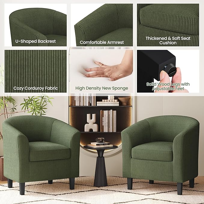 Yaheetech Corduroy Barrel Chairs Set of 2, Upholstered Club Chairs, Round Armchairs Waiting Room Chairs with Soft Cushion for Living Room Bedroom Reading Room, Dark Green