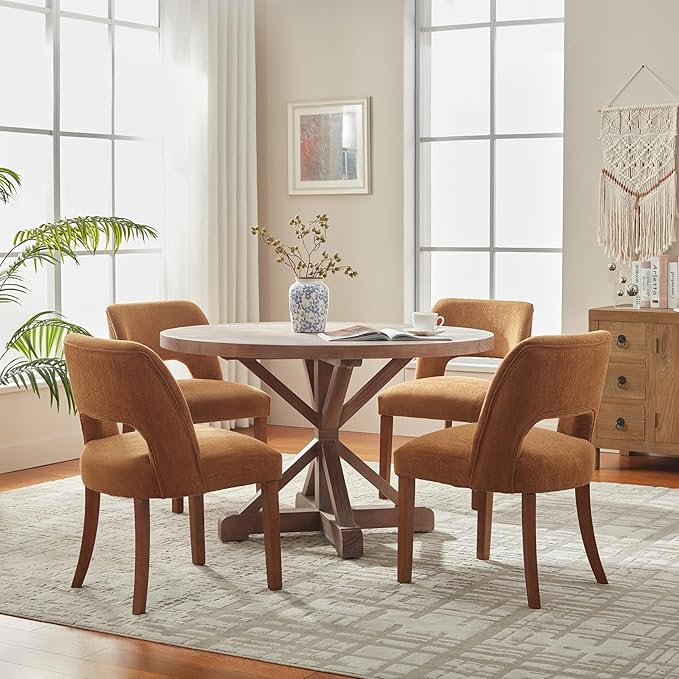 VKNOW Wooden Dining Chairs Set of 4, Modern Fabric Upholstered Dining Room Chair Kitchen Chairs, Farmhouse Dinner Chair for Kitchen Dining Room, Orange