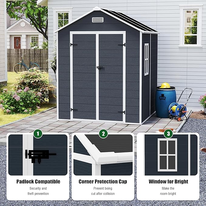 6' x 6' Resin Storage Shed Outdoor, PP Material & Strong Structure for All Weather, Plastic Garden Shed w/Window for Garden, Backyard, Poolside and Lawn, 15mm Thick PP Board - Dark Grey