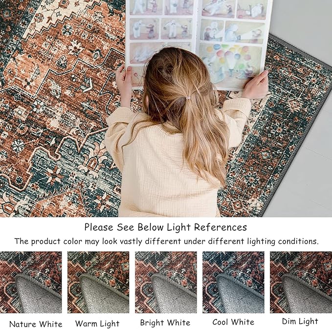 Moynesa Ultra-Thin Washable Runner Rug - 2x6 Non-Slip Non-Shedding Hallway Runner, Stain Resistant Kitchen Mat Laundry Entryway Carpet for Doorway Bedside, Brick Red/Dull Teal