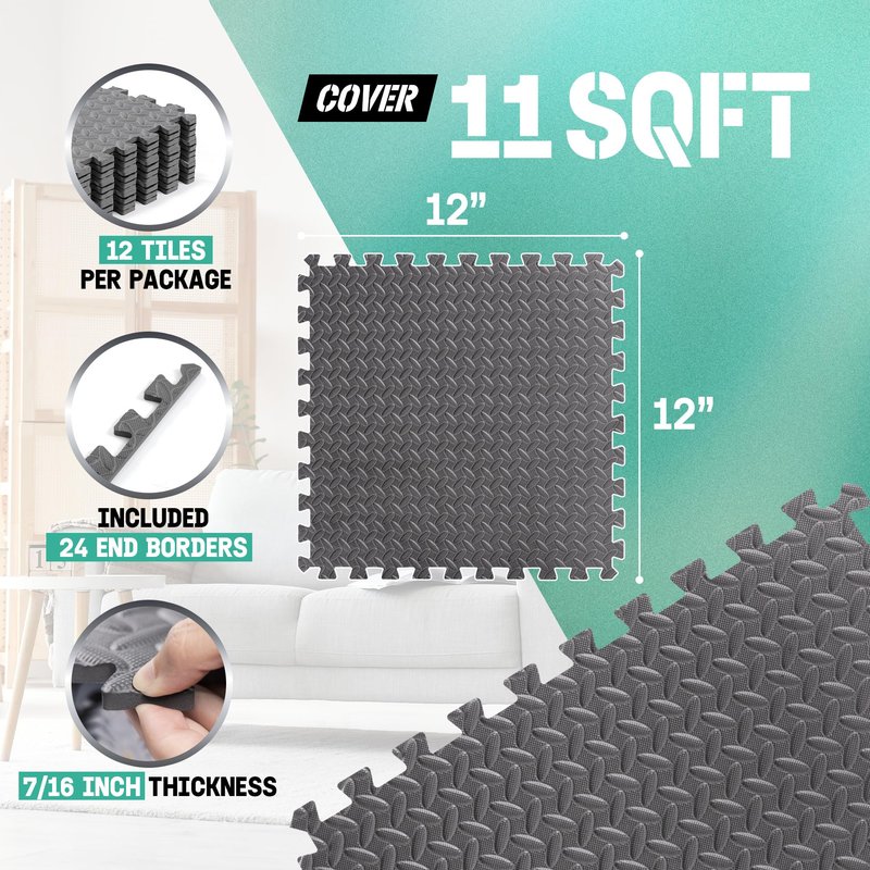 Yes4All EVA Interlocking Mats, Puzzle Floor Tiles, Foam Floor Padding with Border for Furniture, Home Space, Living Room, Garage 11,15,32,99 SQFT