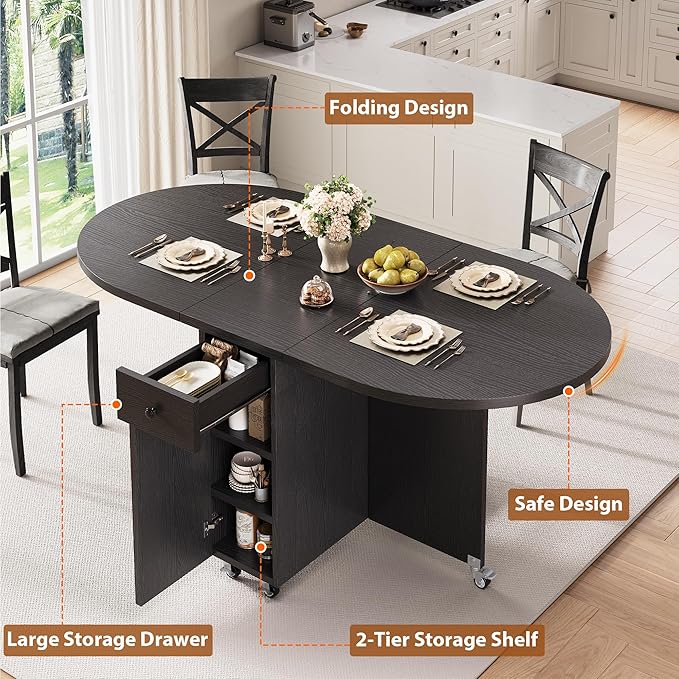 Folding Dining Table for 4 Kitchen Dining Room DinnerTable with Storage Drawer Space Saving Oval Foldable Drop Leaf Gateleg Furniture for Small Space (Black, 47 * 23.6 * 30)