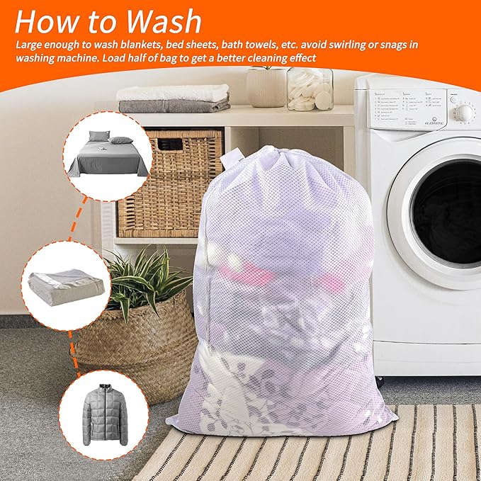Polecasa Extra Heavy Duty Large Diamond Mesh Laundry Bags with Drawstring Closure & ID Tag, 2Pcs 24 x 36 inches Washable Storage Bag for Hamper, College, Travel, Sports, Dorms, White